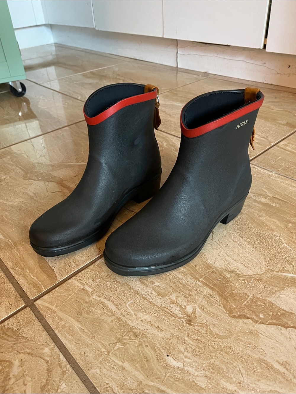 Aigle Black Ankle Rain Boots with Red Trim